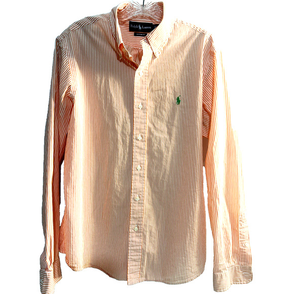 Ralph Lauren Shirt Orange White Striped Buttons Custom Fit Long Sleeve Men’s L - Picture 2 of 16